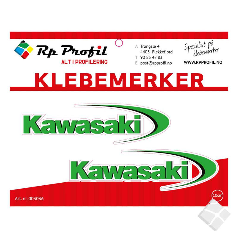 KAWASAKI logo klebemerke i klassiske farger.