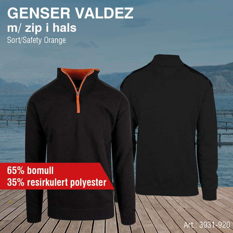 Genser med zip i hals, Valdez, sort/orange