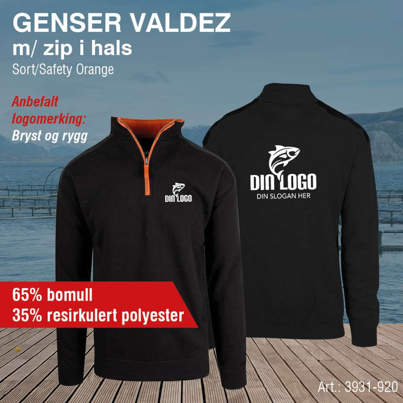 Genser med zip i hals, Valdez, sort/orange