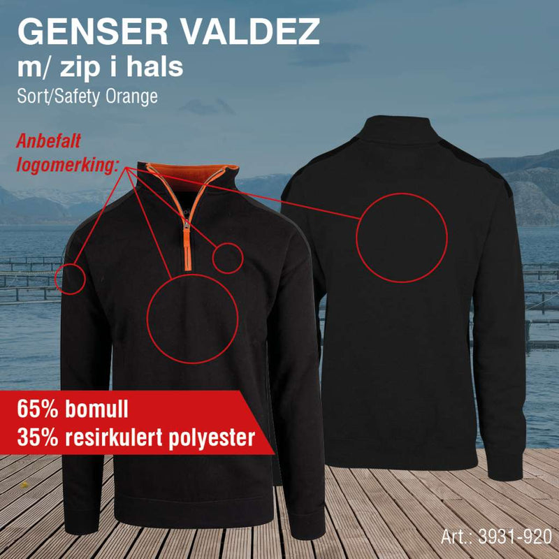 Genser med zip i hals, Valdez, sort/orange