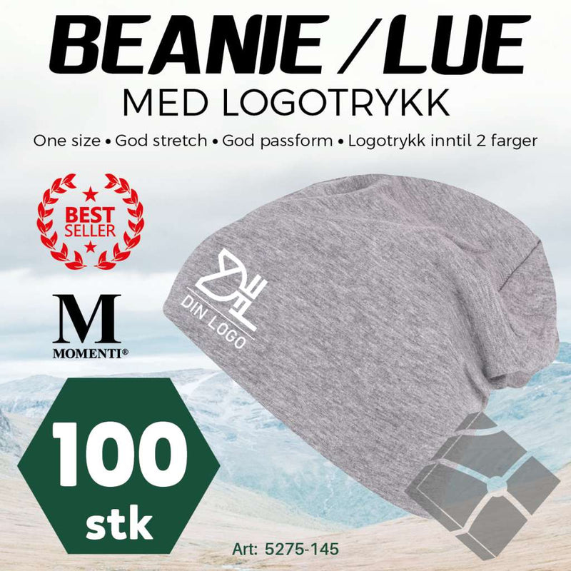 Beanie-/Lue med logotrykk  - 100 stk