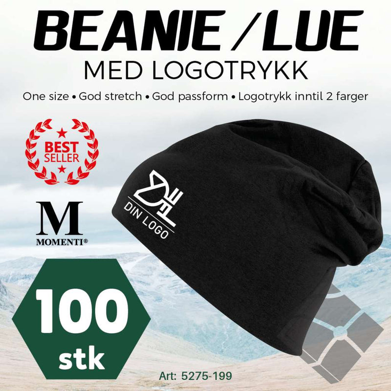 Beanie-/Lue med logotrykk  - 100 stk