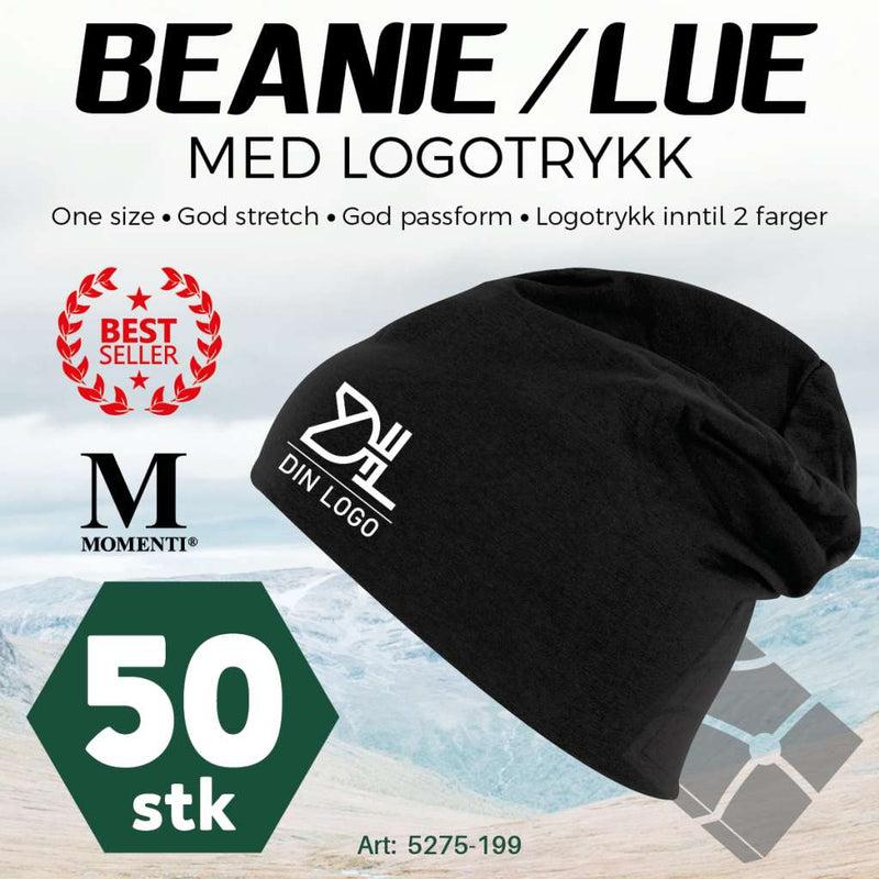 Beanie-/Lue med logotrykk  - 50 stk