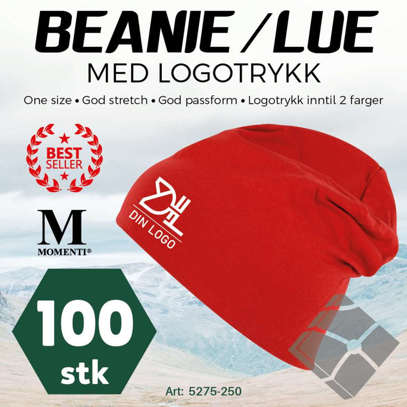 Beanie-/Lue med logotrykk  - 100 stk