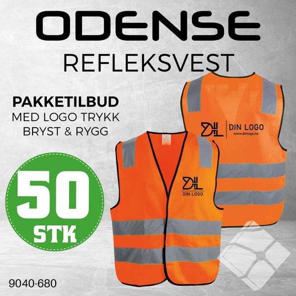 Refleksvest Odense KL.2 m/logotrykk bryst & rygg, safety gul - 50 stk