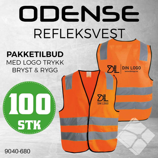 Refleksvest Odense KL.2 m/logotrykk bryst & rygg, safety orange - 100 stk