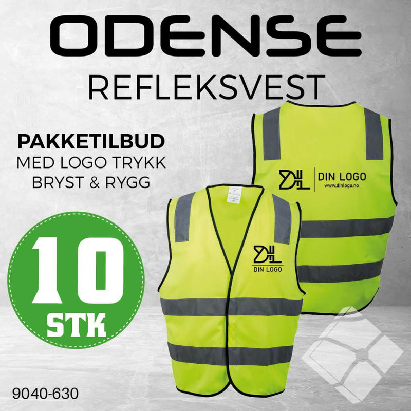 Refleksvest m/logotrykk bryst & rygg - Odense, safety gul - 10 stk