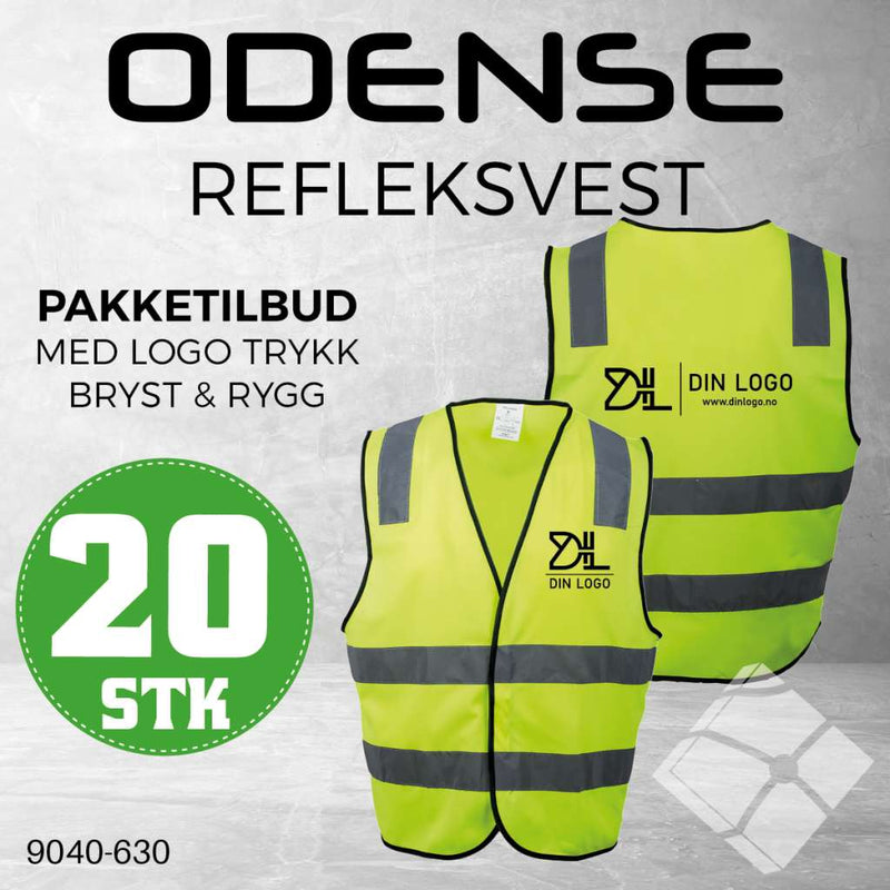 Refleksvest Odense KL.2 m/logotrykk bryst & rygg, safety gul - 20 stk