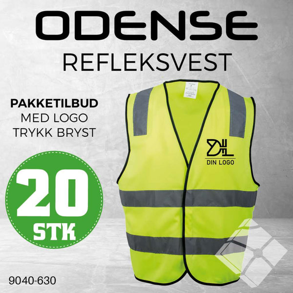 Refleksvest Odense KL.2 m/logo bryst, safety gul - 20 stk