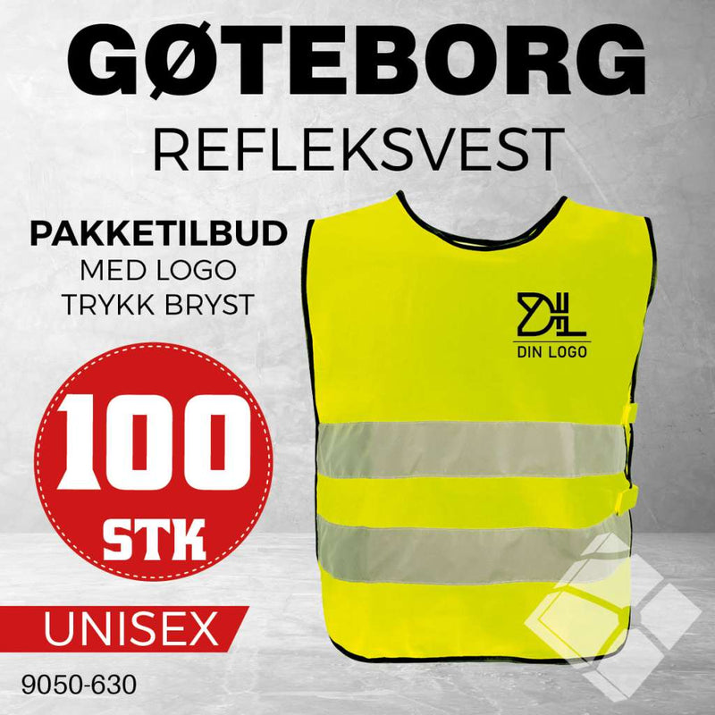 Refleksvest Gøteborg m/ logotrykk bryst - 100 stk, safety gul