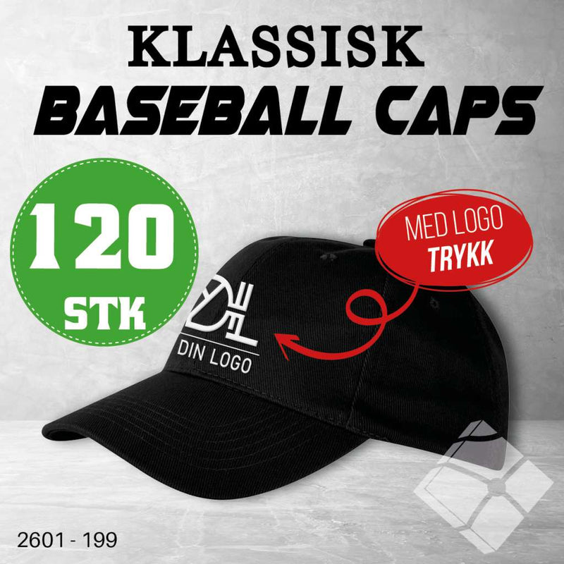 Klassisk baseball caps med logotrykk - 120 pakn.