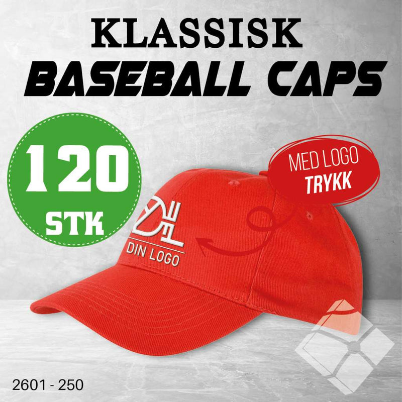 Klassisk baseball caps med logotrykk - 120 pakn.