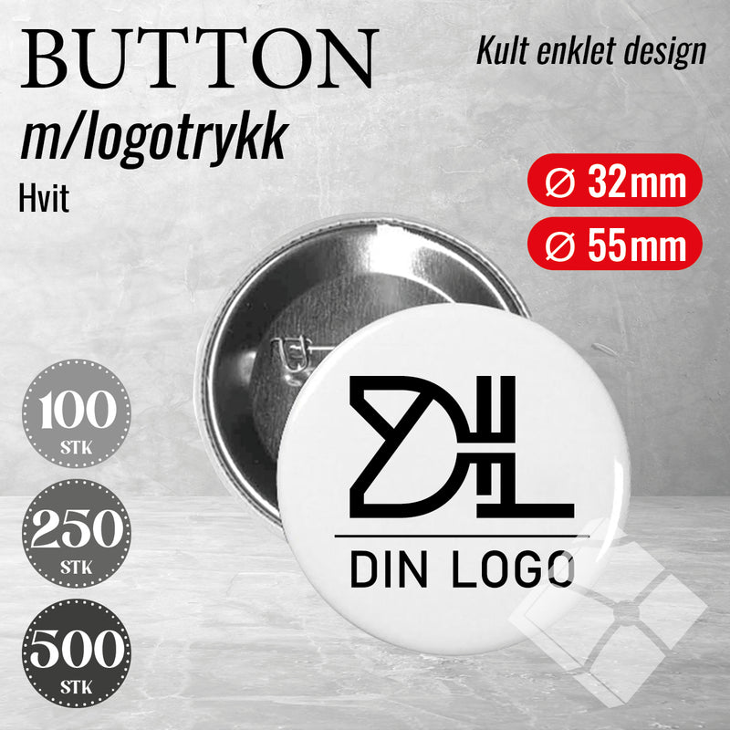 Buttons m/logotrykk, hvit