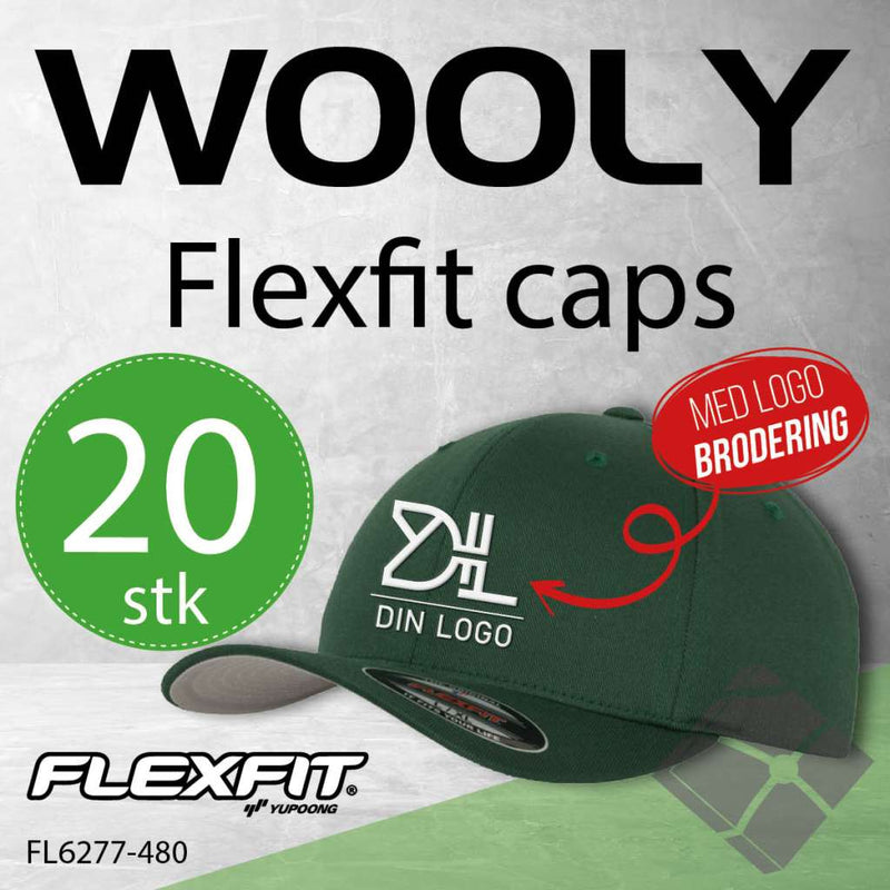 Flexfit Wooly caps m/brodert logo - 20 stk, flaskegrønn