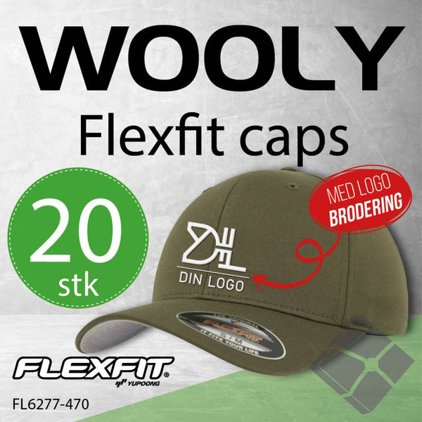 Flexfit Wooly caps m/brodert logo - 20 stk, oliven