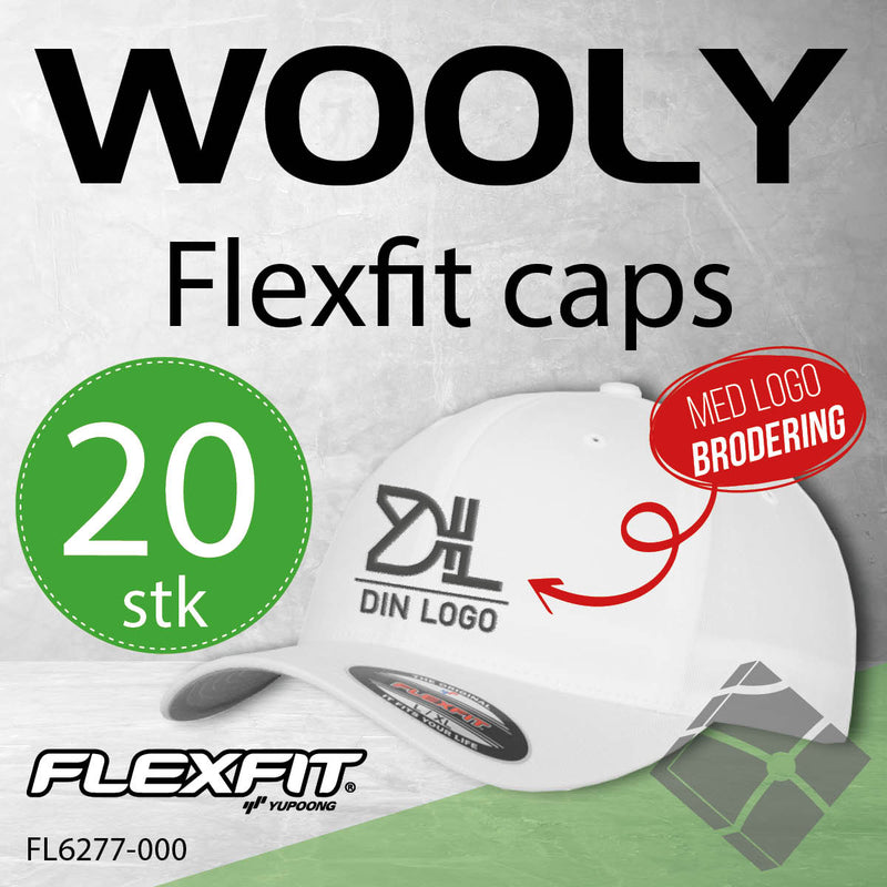 Flexfit Wooly caps m/brodert logo - 20 stk, hvit