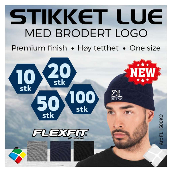 FlexFit strikke lue med brodert logo - 10 stk