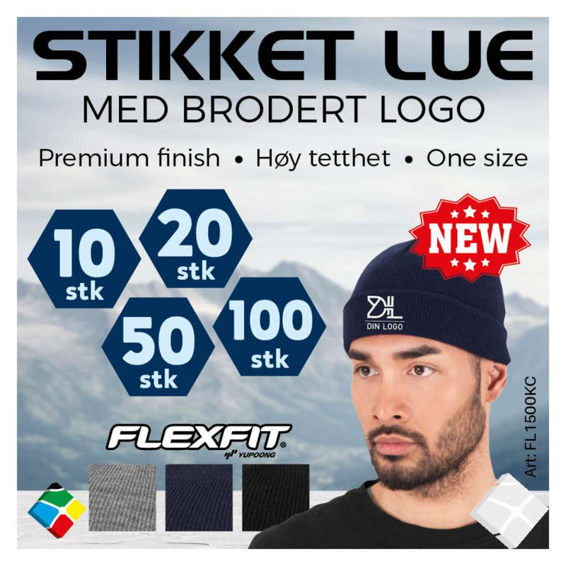 FlexFit strikke lue med brodert logo - 100 stk