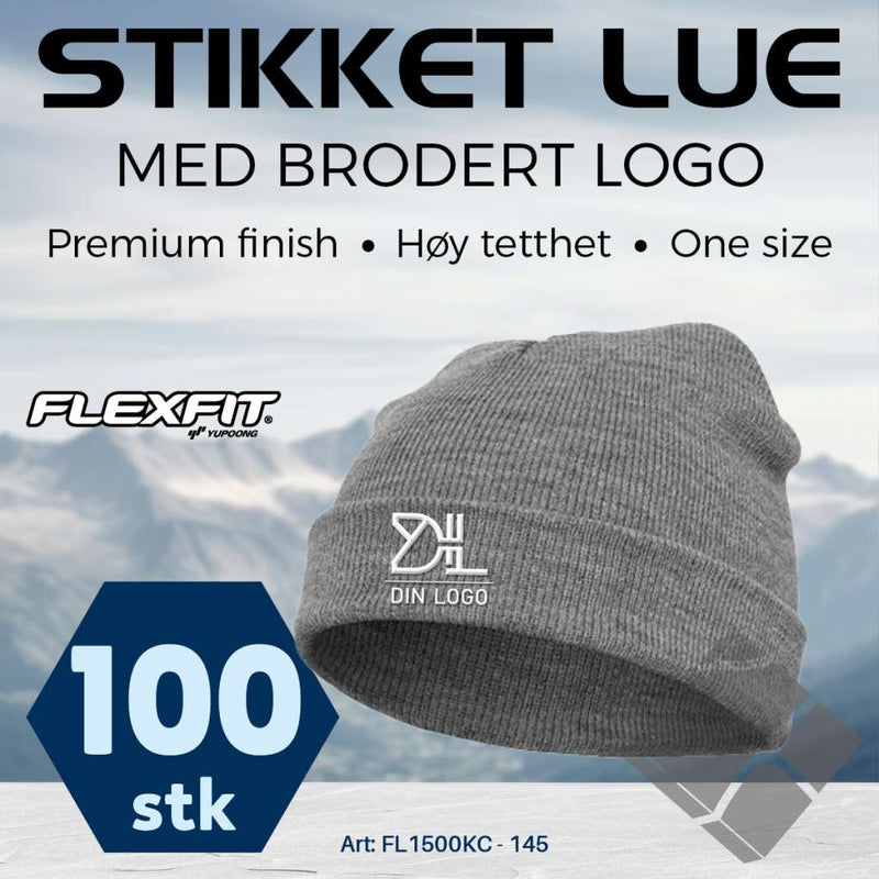 FlexFit strikke lue med brodert logo - 100 stk