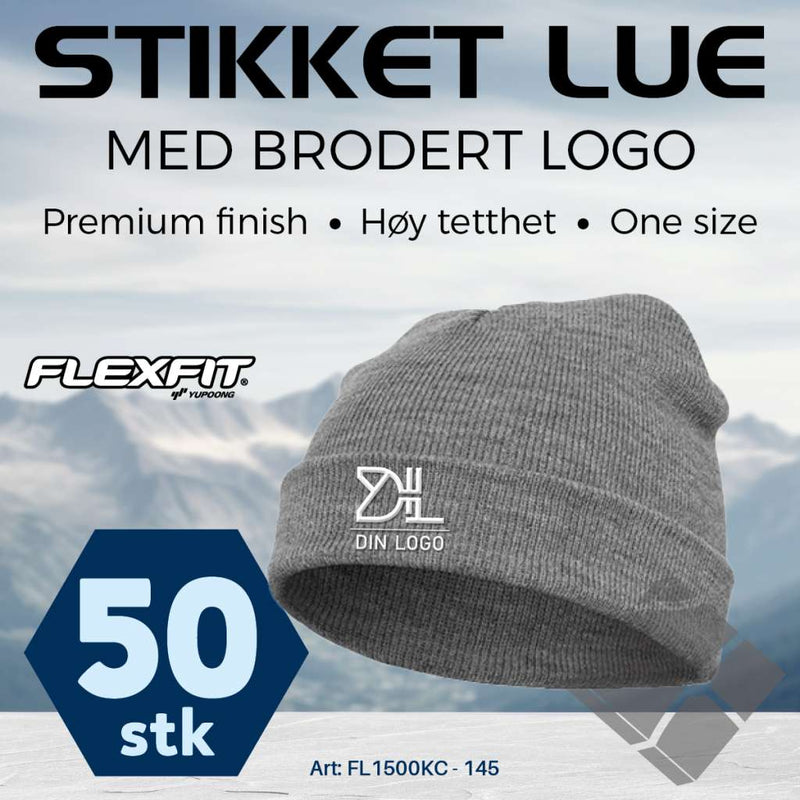 FlexFit strikke lue med brodert logo - 50 stk