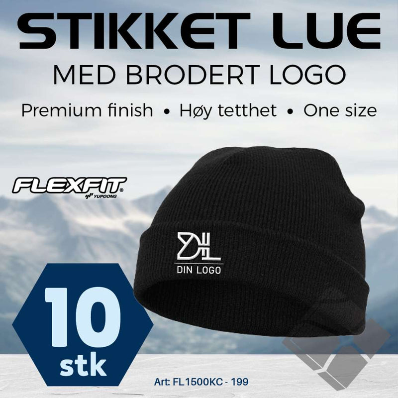 FlexFit strikke lue med brodert logo - 10 stk