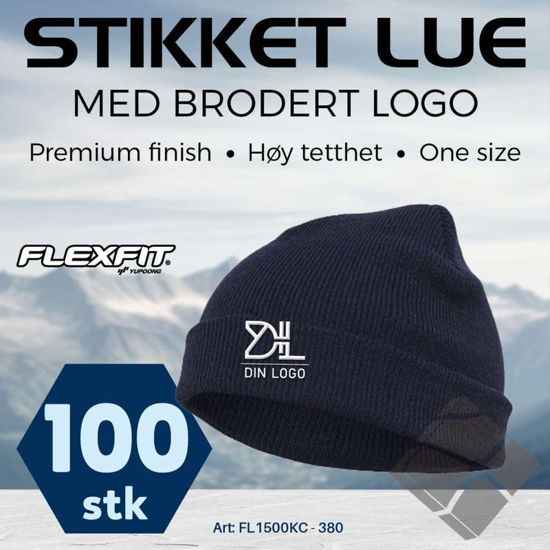 FlexFit strikke lue med brodert logo - 100 stk