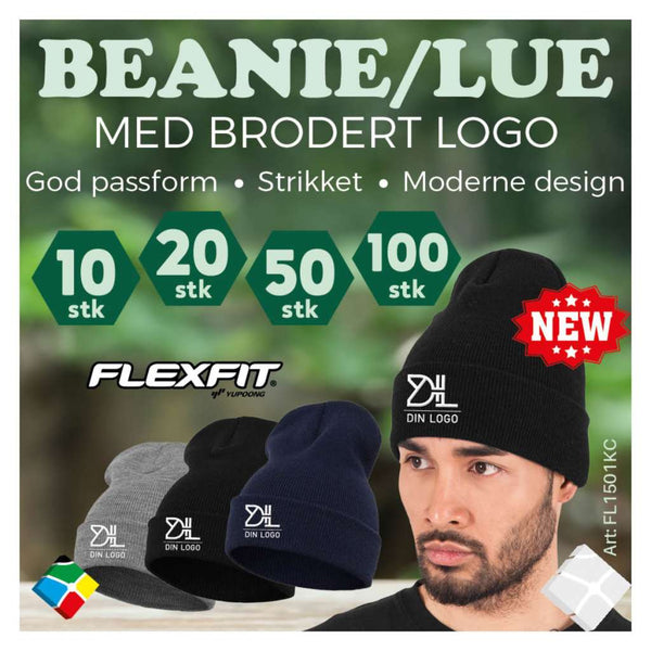 FlexFit Beanie/ lue med brodert logo - 100 stk