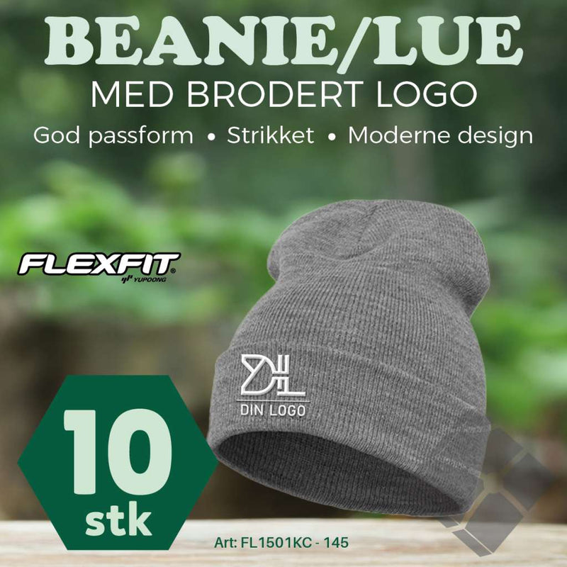 FlexFit Beanie/ lue med brodert logo - 10 stk