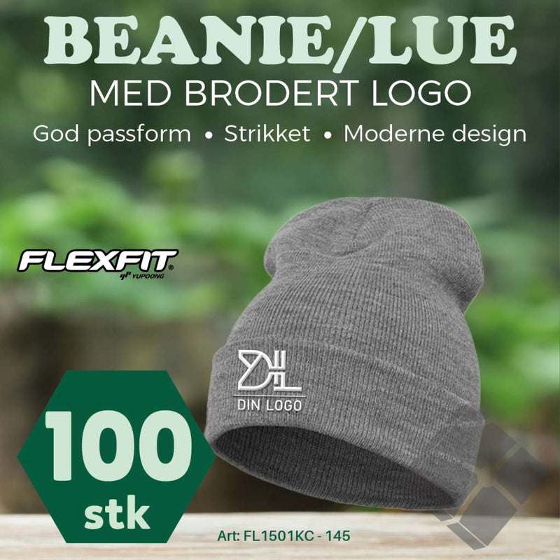 FlexFit Beanie/ lue med brodert logo - 100 stk