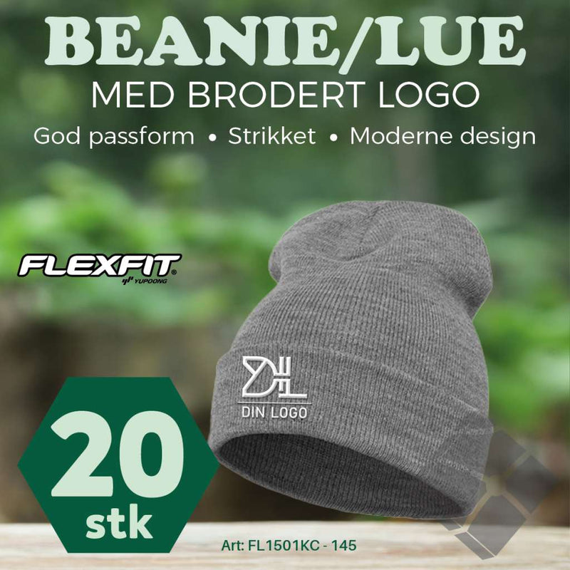 FlexFit Beanie/ lue med brodert logo - 20 stk