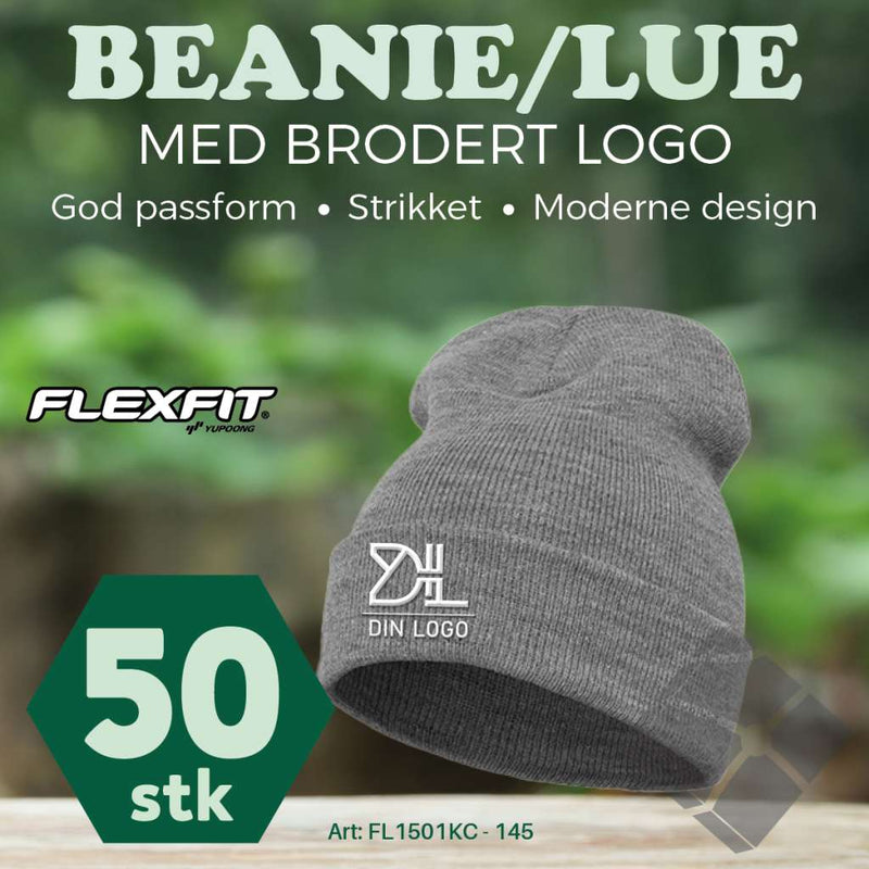 FlexFit Beanie/ lue med brodert logo - 50 stk