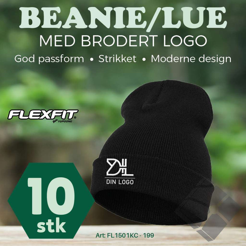 FlexFit Beanie/ lue med brodert logo - 10 stk