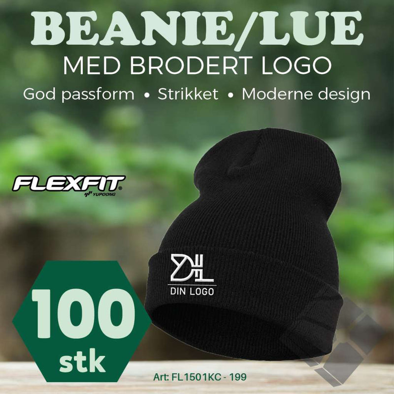 FlexFit Beanie/ lue med brodert logo - 100 stk