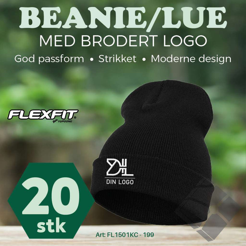 FlexFit Beanie/ lue med brodert logo - 20 stk