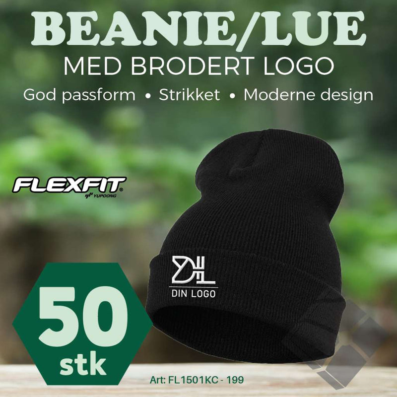 FlexFit Beanie/ lue med brodert logo - 50 stk