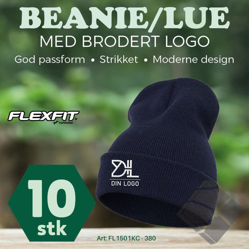 FlexFit Beanie/ lue med brodert logo - 10 stk