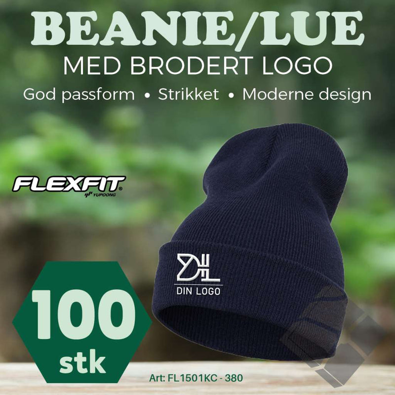 FlexFit Beanie/ lue med brodert logo - 100 stk