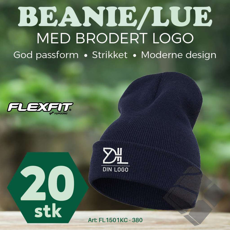 FlexFit Beanie/ lue med brodert logo - 20 stk