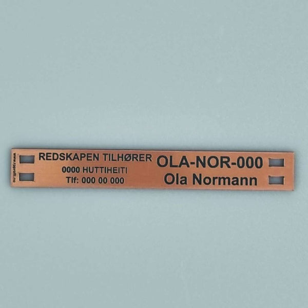 Teine merkeskilt f/tau og 4 hull, kobber/sort
