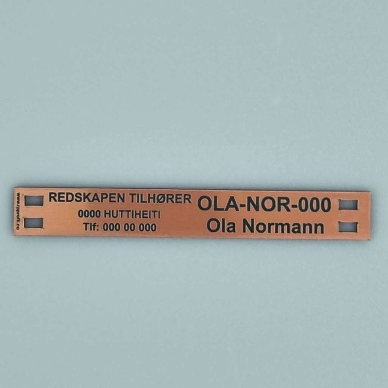 Teine merkeskilt f/tau og 4 hull, kobber/sort