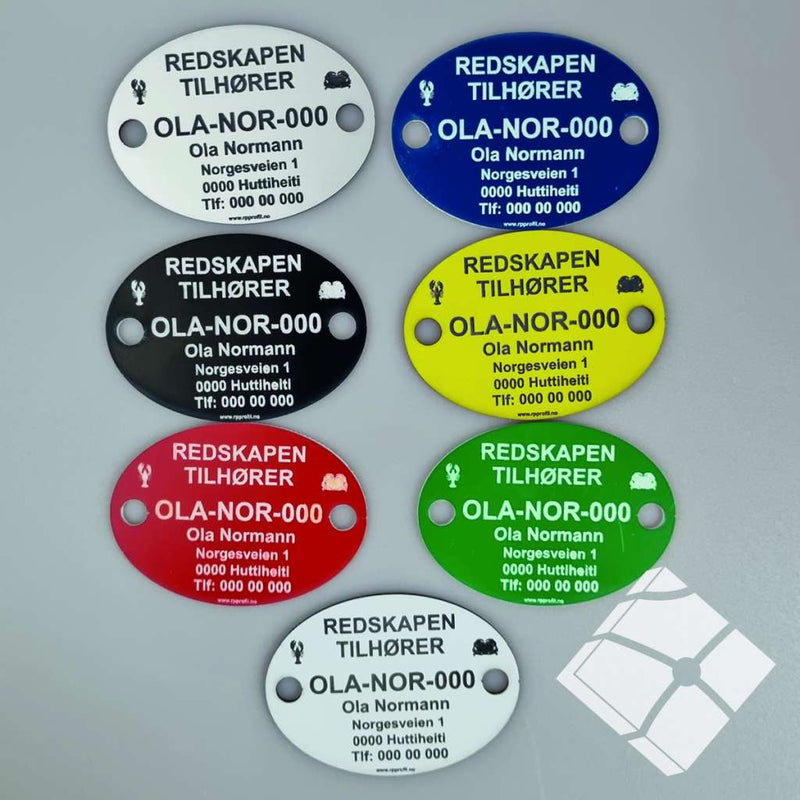 Teinemerke ovalt med 2 hull, sort/hvit