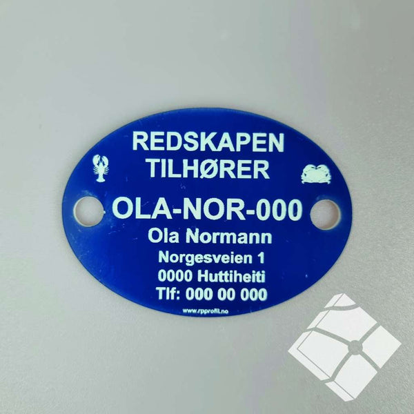 Teinemerke ovalt med 2 hull, blå/hvit