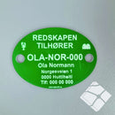 Teinemerke ovalt med 2 hull, grønn/hvit