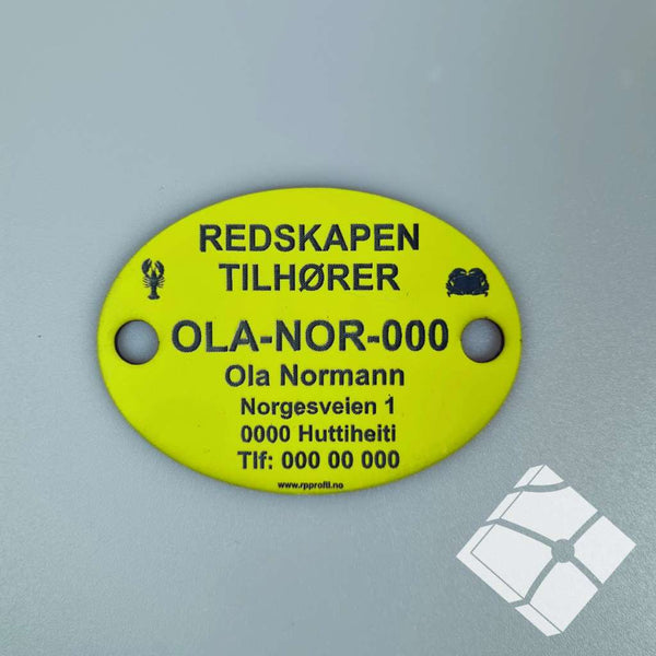 Teinemerke ovalt med 2 hull, gul/sort