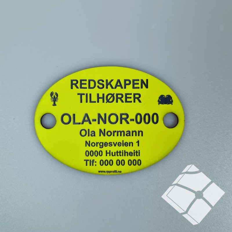 Teinemerke ovalt med 2 hull, gul/sort