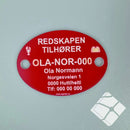 Teinemerke ovalt med 2 hull, rød/hvit