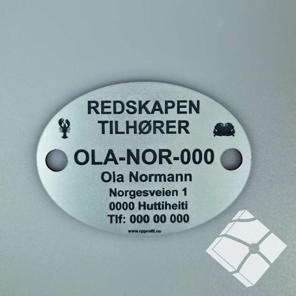Teinemerke ovalt med 2 hull, grå/sort