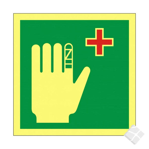 Førstehjelp m/hånd symbol -  etterlysende skilt