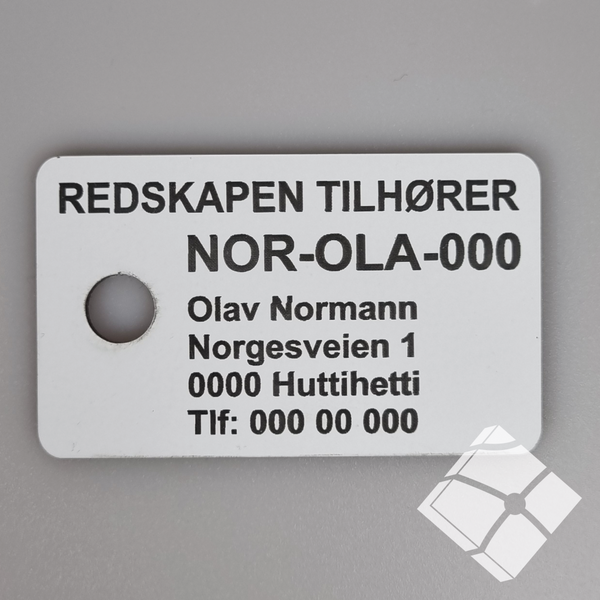 Teinemerke & merkeskilt m/ 1 hull, hvit/sort