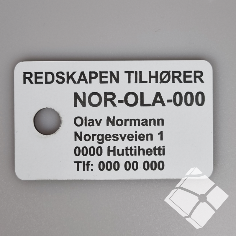 Teinemerke & merkeskilt m/ 1 hull, hvit/sort